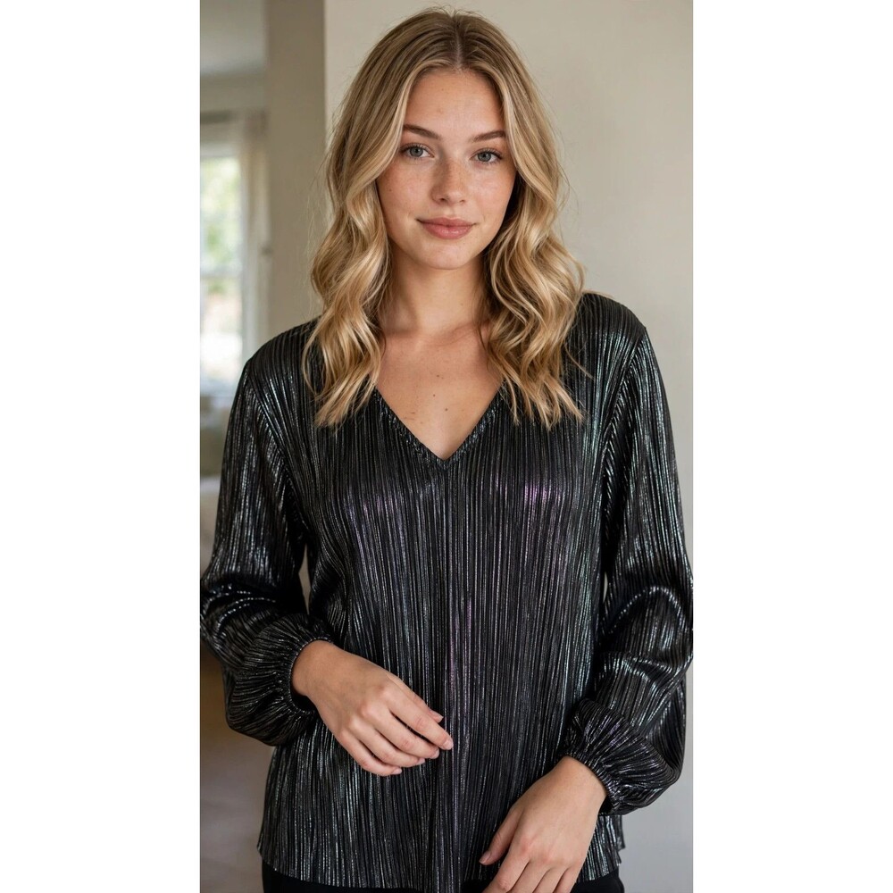Plus Size Blouse Women 2X Black Metallic Plisse V Neck Balloon Sleeve Party Top